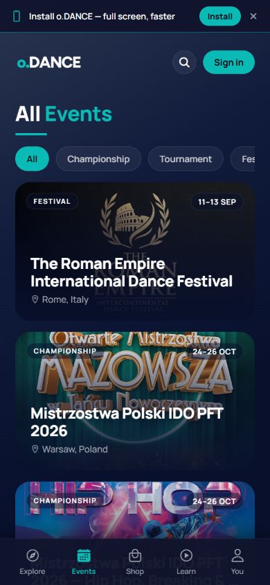 o.DANCE — project screen